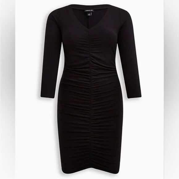 NWT Torrid Jersey Bodycon Black Dress V Neck Ruched Seaming Long Sleeve Women 2X - Picture 2 of 16